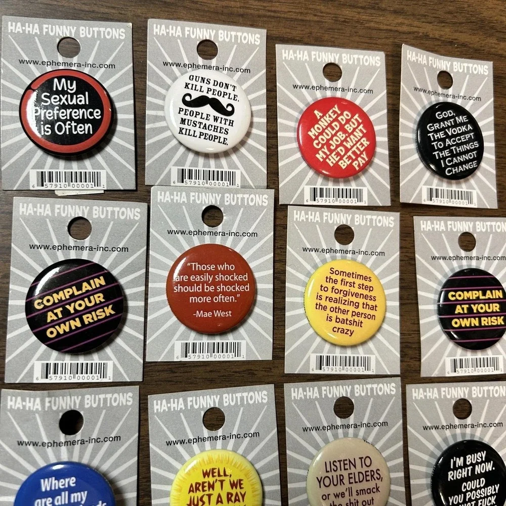 Ephemera‎ Ha-Ha Funny Buttons Pin Lot of 24 Multicolor NEW Sarcastic Snarky